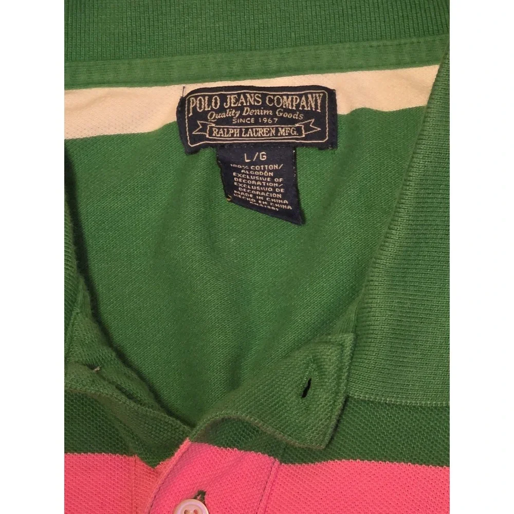 Polo Jeans Co Ralph Lauren Rugby Green Pink White Stripped Polo Shirt Vintage L